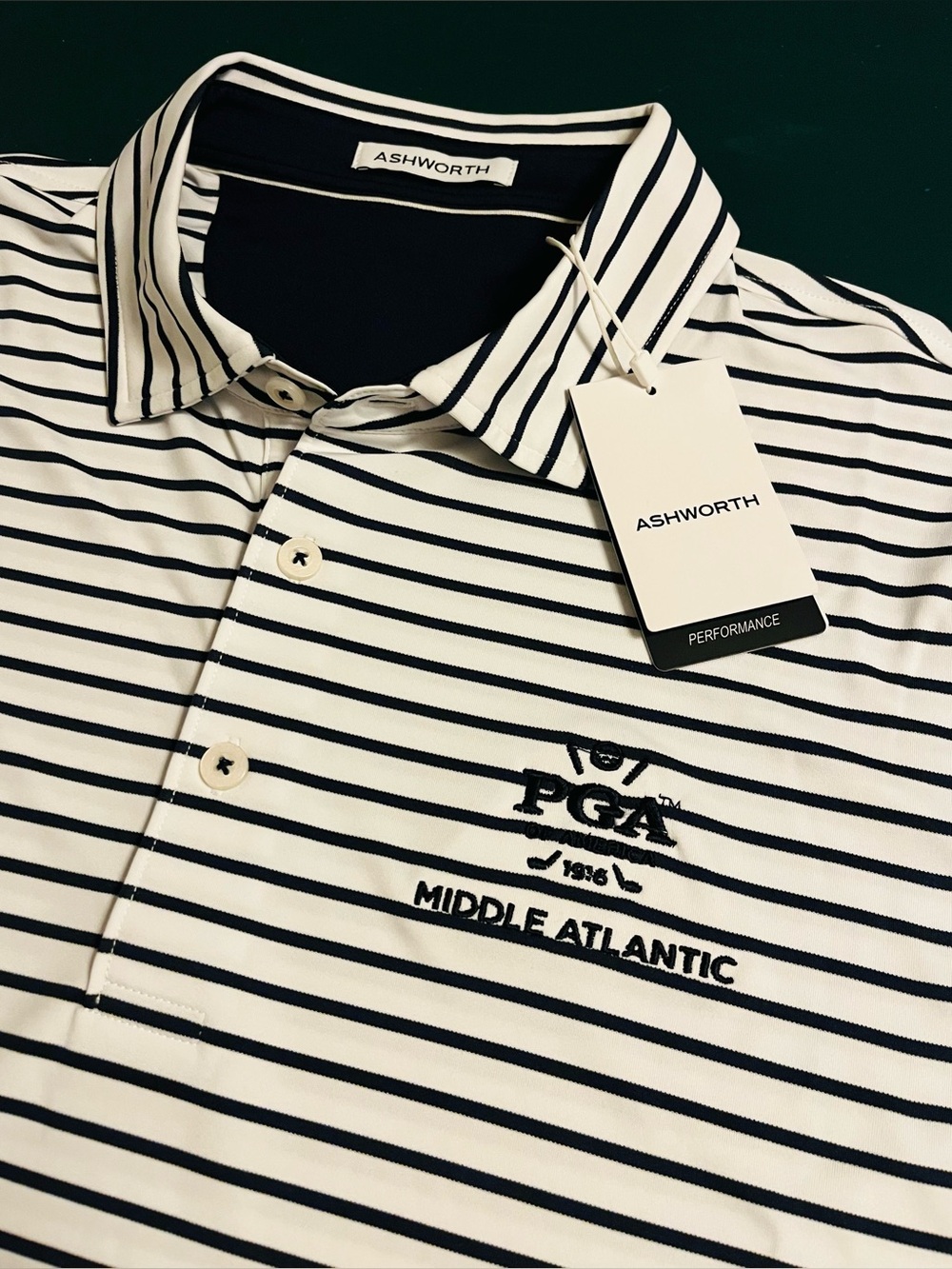 *NWT* PGA Tour Middle Atlantic Striped Golf Polo Shirt Ashworth Large Blue Open